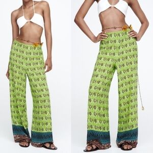 New Zara Full Length Printed High Waist Wide Leg Boho Green Pants NWT